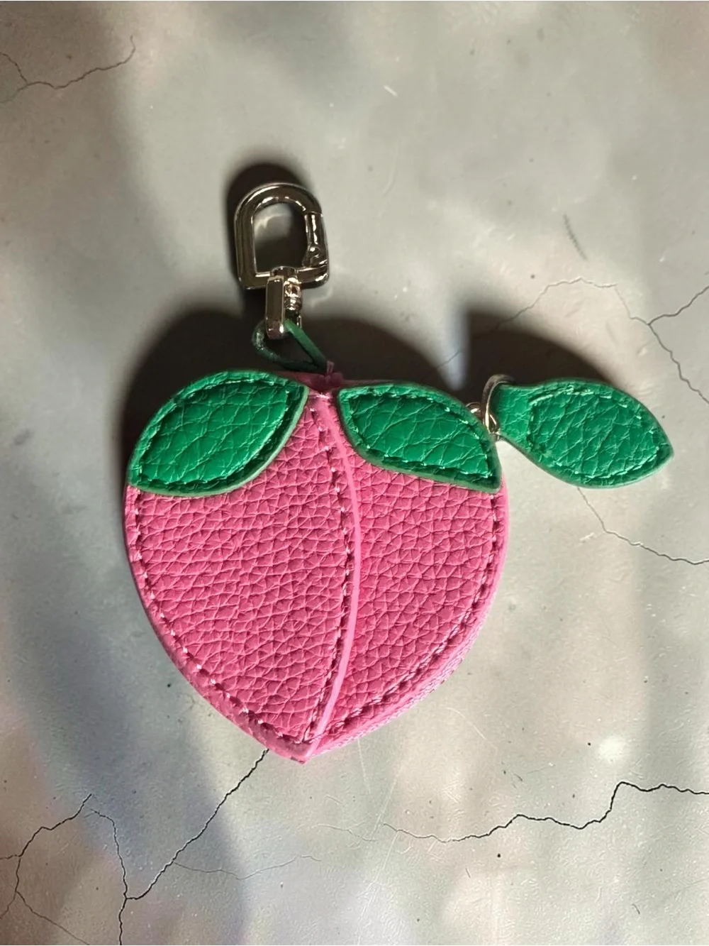 Pink Peach Keychain Bag Charm with Green Leaves